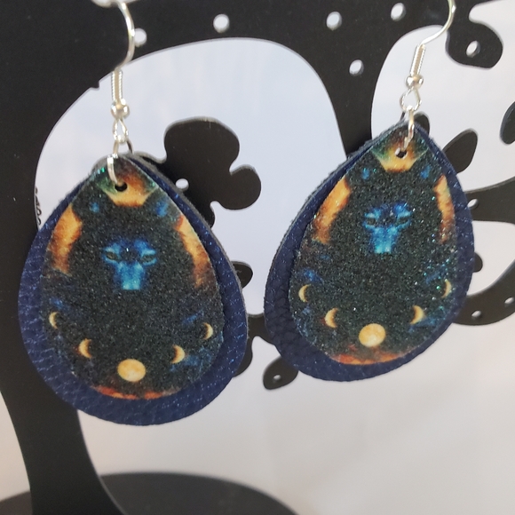 Wolf Moons Blue Faux Leather Teardrop Earrings - Picture 6 of 9